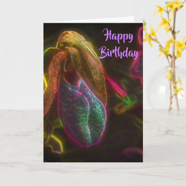 Lady Slipper Flower Fantasy Art Birthday  Card (Yellow Flower)