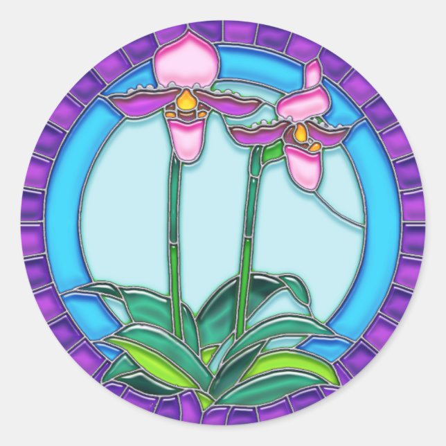 Lady Slipper Orchids in Circular Stained Glass Classic Round Sticker (Front)