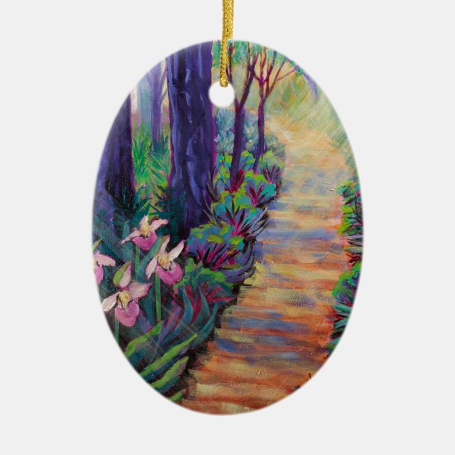 Lady Slippers on the Path Ceramic Ornament (Front)