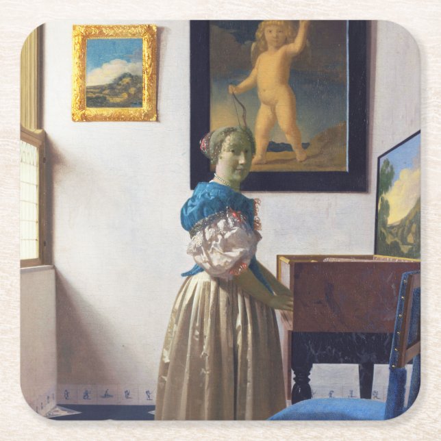 Lady Standing at a Virginal, Johannes Vermeer Square Paper Coaster (Front)