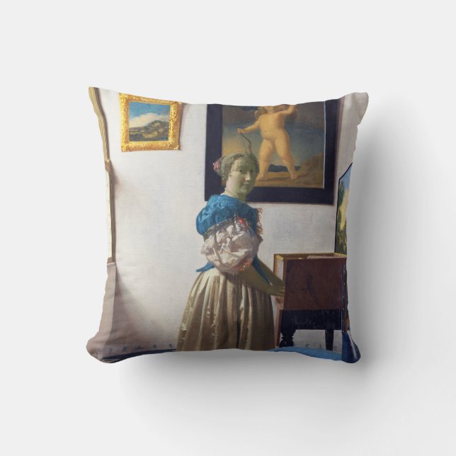 Lady Standing at a Virginal, Johannes Vermeer Throw Pillow (Front)