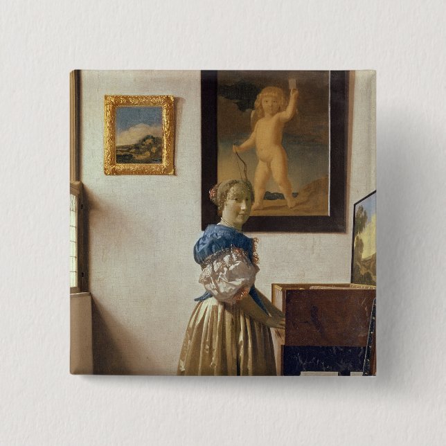 Lady standing at the Virginal, c.1672-73 2 Inch Square Button (Front)