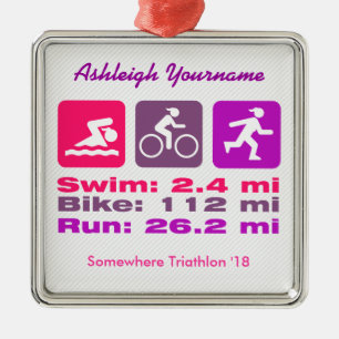 Lady Triathlete Swim Bike Run Pink Mauve Purple Metal Ornament