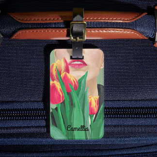Lady & Tulip Green Orange Modern Graphic Painting Luggage Tag