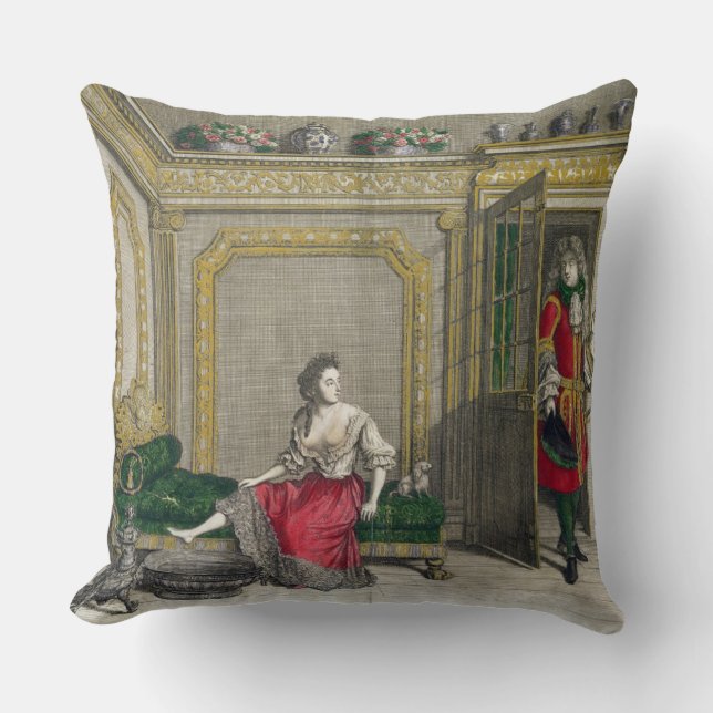 Lady undressing for the bath, published c.1688-90 throw pillow (Front)