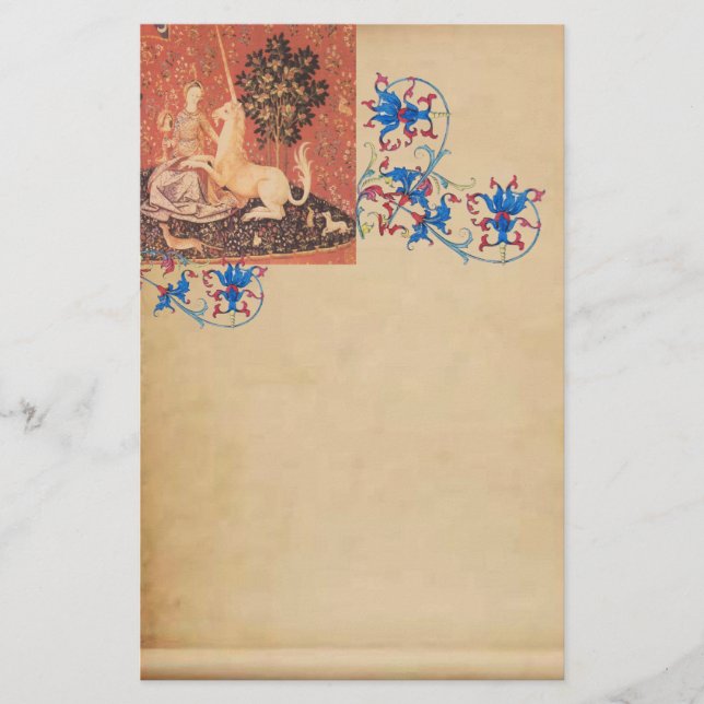 LADY,UNICORN, Animals Antique Floral Parchment Stationery (Front)