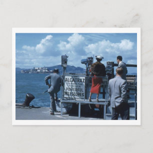 Lady Views Alcatraz Thru Telescope 1950s Retro Postcard