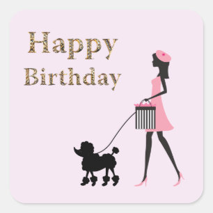 Lady walking black poodle Happy birthday Square Sticker