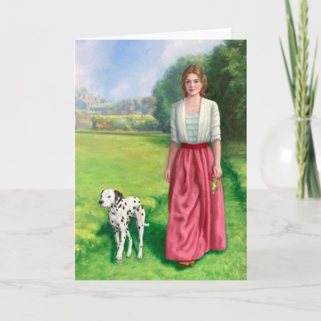 "Lady Walking with Dalmation." Greeting Card (Front)