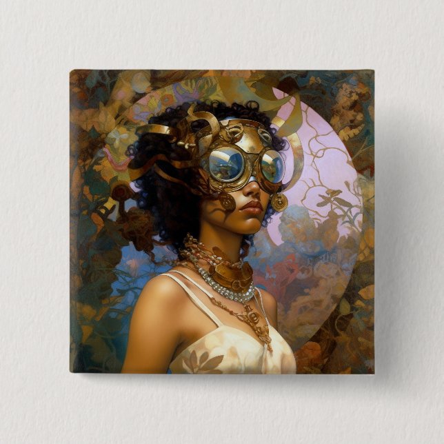 Lady Wearing Goggles Black Fantasy Sci-Fi  2 Inch Square Button (Front)