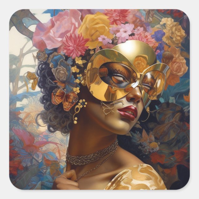 Lady Wearing Mask Black Fantasy Art Square Sticker (Front)