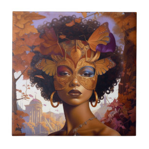 Lady Wearing Mask Black Fantasy Art Tile