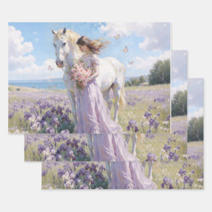Lady & White Horse in Iris Field Wrapping Paper Sheet