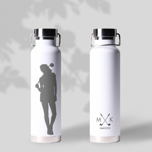 Lady White With Grey Modern Golfer Monogram Water Bottle