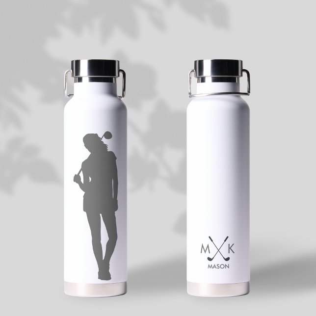 Lady White With Grey Modern Golfer Monogram Water Bottle (Creator Uploaded)