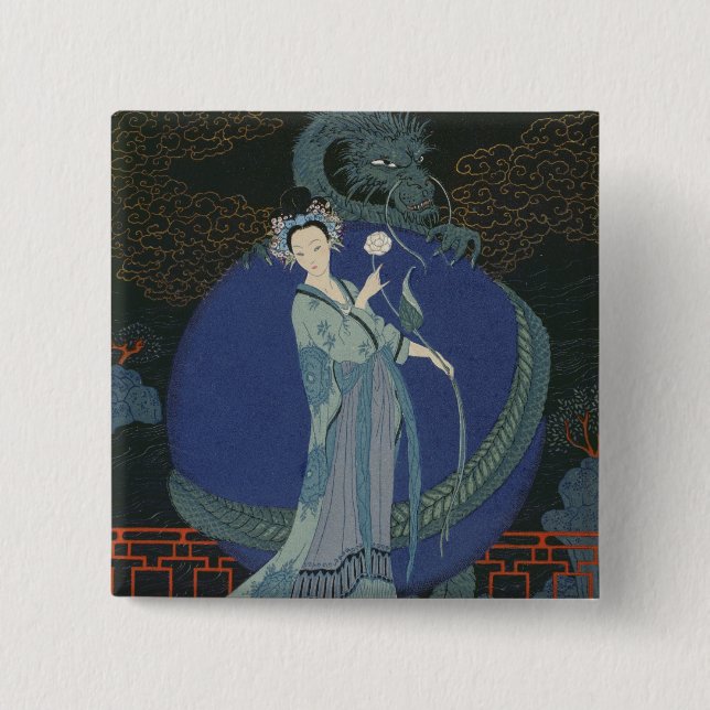 Lady with a Dragon (colour litho) 2 Inch Square Button (Front)