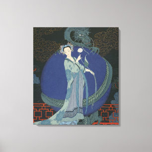 Lady with a Dragon (colour litho) Canvas Print