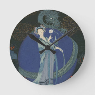 Lady with a Dragon (colour litho) Round Clock