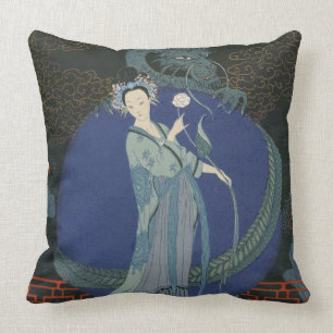 Lady with a Dragon (colour litho) Throw Pillow
