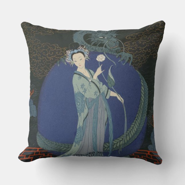 Lady with a Dragon (colour litho) Throw Pillow (Front)