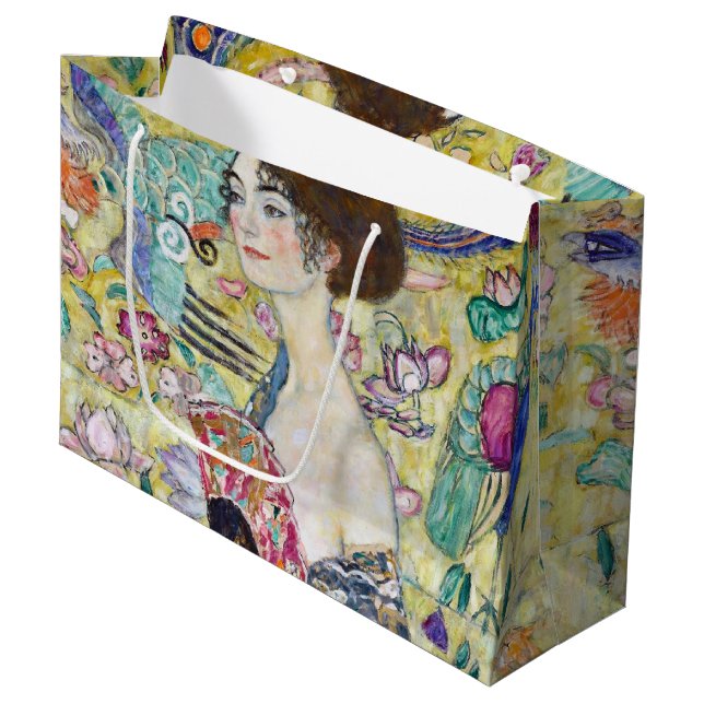 Lady with A Fan, Gustav Klimt Large Gift Bag (Front Angled)