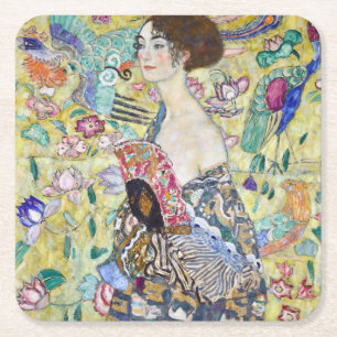 Lady with A Fan, Gustav Klimt Square Paper Coaster