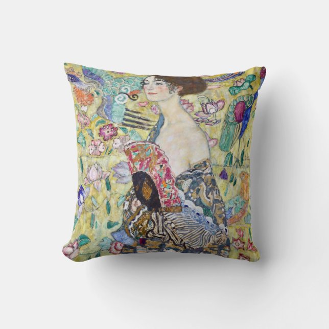 Lady with A Fan, Gustav Klimt Throw Pillow (Front)