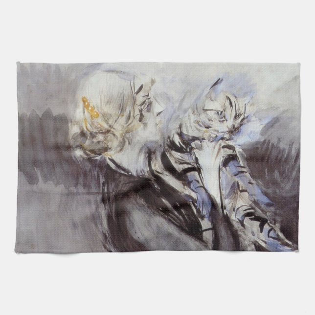 Lady with a Grey Cat (by Giovanni Boldini) Kitchen Towel (Horizontal)