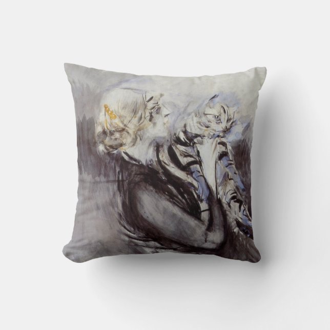 Lady with a Grey Cat (by Giovanni Boldini) Throw Pillow (Front)
