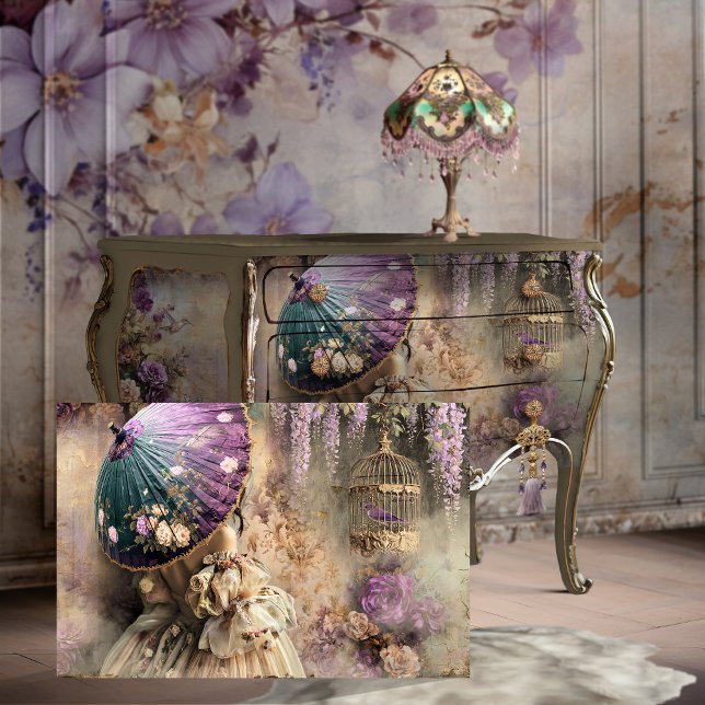 Lady with a parasol, bird & Birdcage, Floral Tissue Paper (Emilia Blooms, A Vintage Garden Affair, Portrait of an elegant lady, birdcage & floral art)