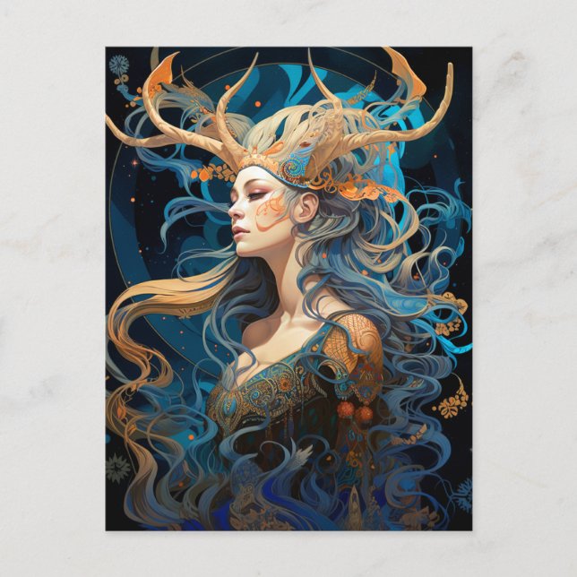 Lady With Antlers Boho Fantasy Art Postcard (Front)