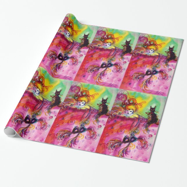 LADY WITH BLACK CAT AND MASK Masquerade Night Wrapping Paper (Unrolled)