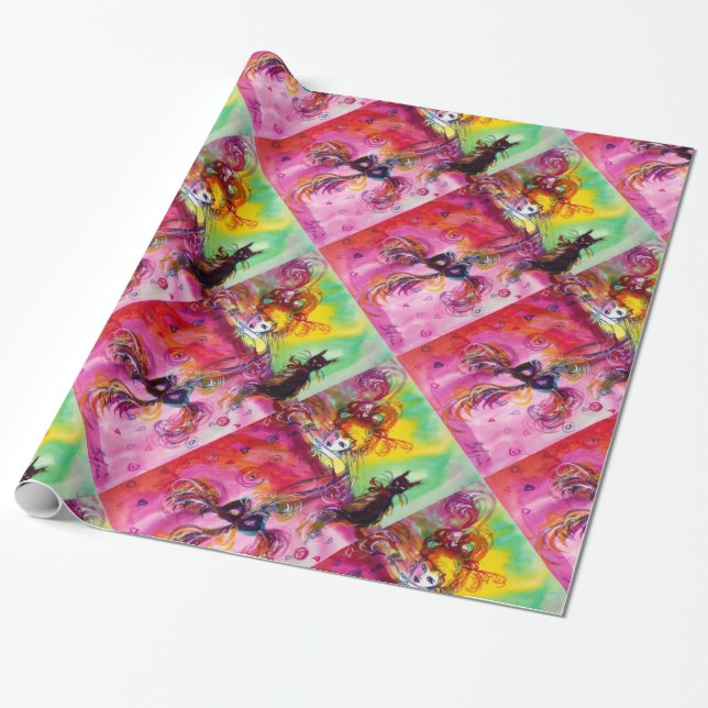 LADY WITH BLACK CAT AND MASK Masquerade Party Wrapping Paper (Unrolled)