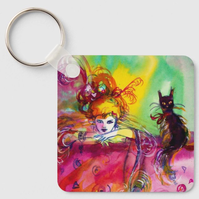 LADY WITH BLACK CAT Mardi Gras Masquerade Keychain (Front)