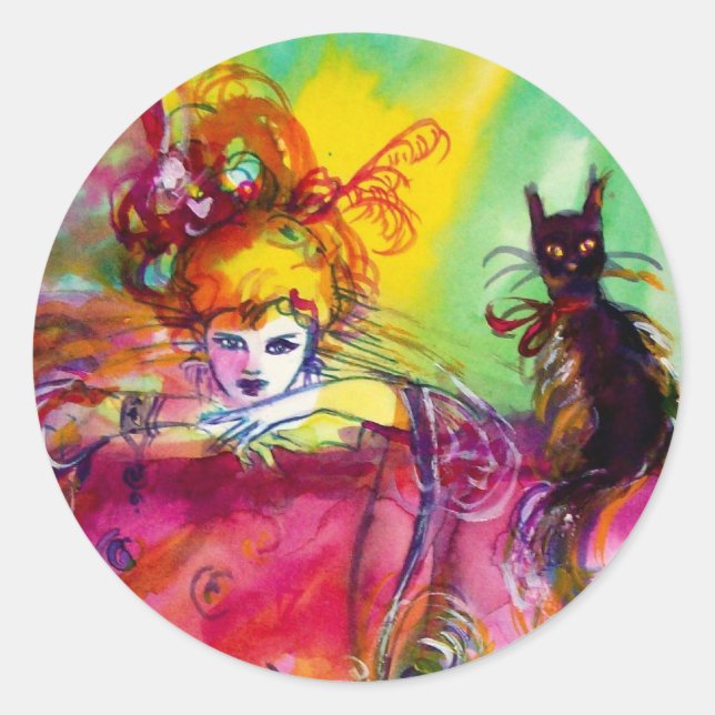LADY WITH BLACK CAT / Venetian Masquerade Classic Round Sticker (Front)