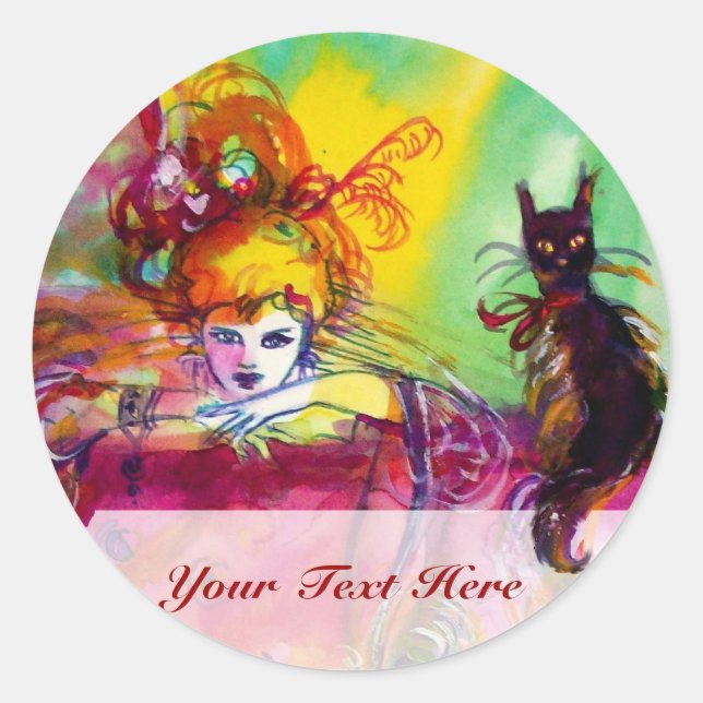 LADY WITH BLACK CAT / Venetian Masquerade Classic Round Sticker (Front)