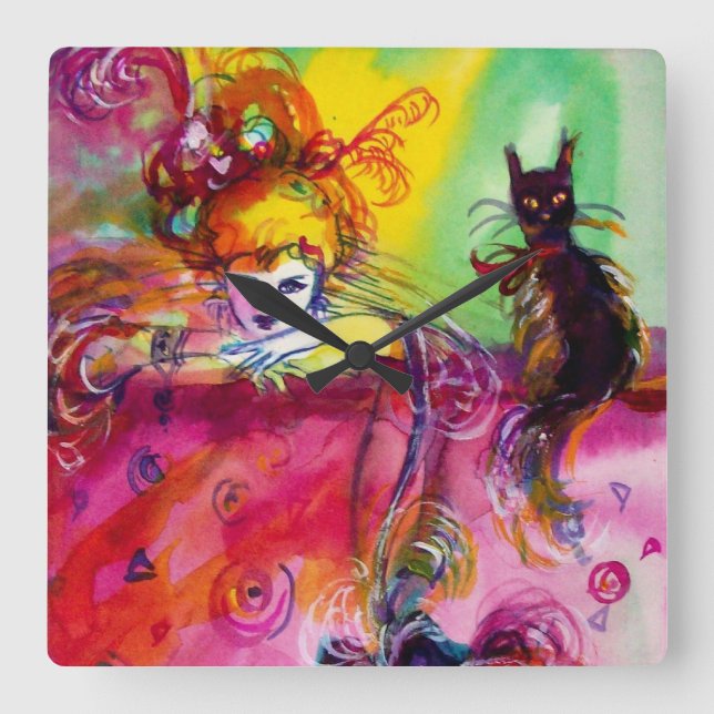 LADY WITH BLACK CAT / Venetian Masquerade Square Wall Clock (Front)