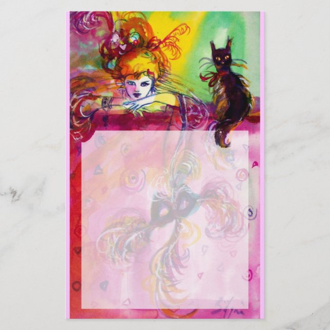 LADY WITH BLACK CAT / Venetian Masquerade Stationery (Front)