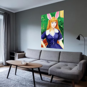 Lady with blue dress and bunny ears AI Art Poster