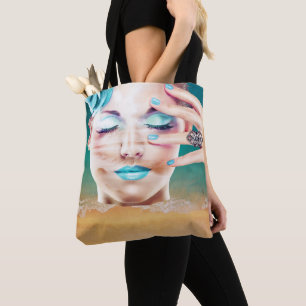 Lady With Blue Makeup Eyes Closed Beach Dreaming Tote Bag