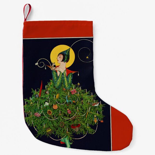 LADY WITH CHRISTMAS GIFTS ART DECO BEAUTY FASHION SMALL CHRISTMAS STOCKING (Front)