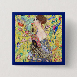 Lady with Fan by Gustav Klimt, Vintage Japonism 2 Inch Square Button