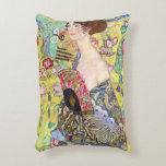 Lady with Fan by Gustav Klimt, Vintage Japonism Accent Pillow<br><div class="desc">Lady with Fan (1918) by Gustav Klimt is a vintage Victorian Era Symbolism fine art portrait painting. A beautiful brunette woman holding an oriental fan. The golden floral Japanese themed background is full of blooming exotic flowers, peacocks and other birds with outstretched wings. About the artist: Gustav Klimt (1862-1918) was...</div>