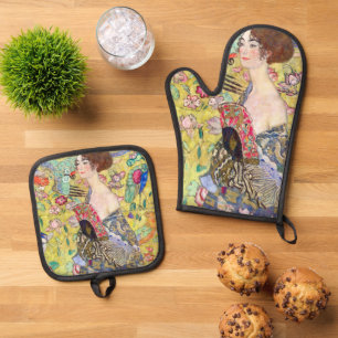 Lady with Fan by Gustav Klimt, Vintage Japonism Oven Mitt & Pot Holder Set