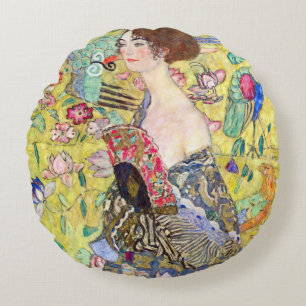 Lady with Fan by Gustav Klimt, Vintage Japonism Round Pillow