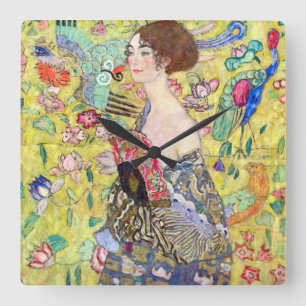 Lady with Fan by Gustav Klimt, Vintage Japonism Square Wall Clock