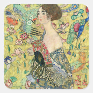 Lady with fan,Gustav Klimt,1907,art nouveau,vintag Square Sticker