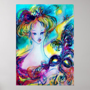 LADY WITH FEATHERED MASK Venetian Masquerade Night Poster