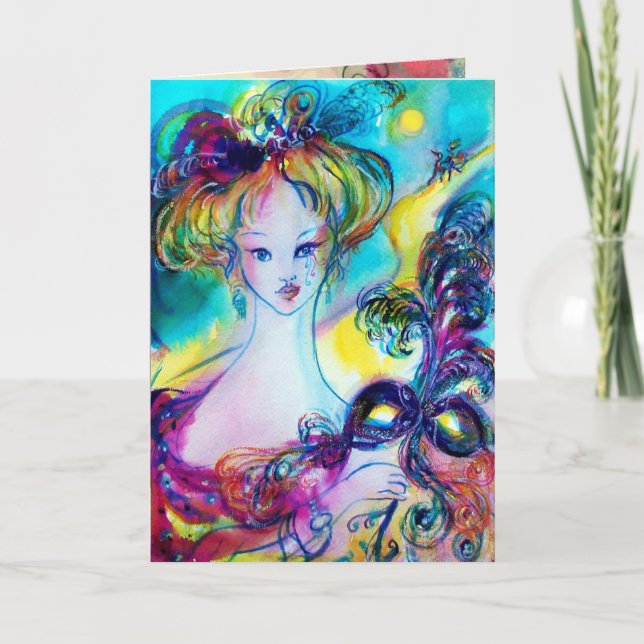 LADY WITH FEATHERED MASQUERADE MASK  Birthday Card (Front)