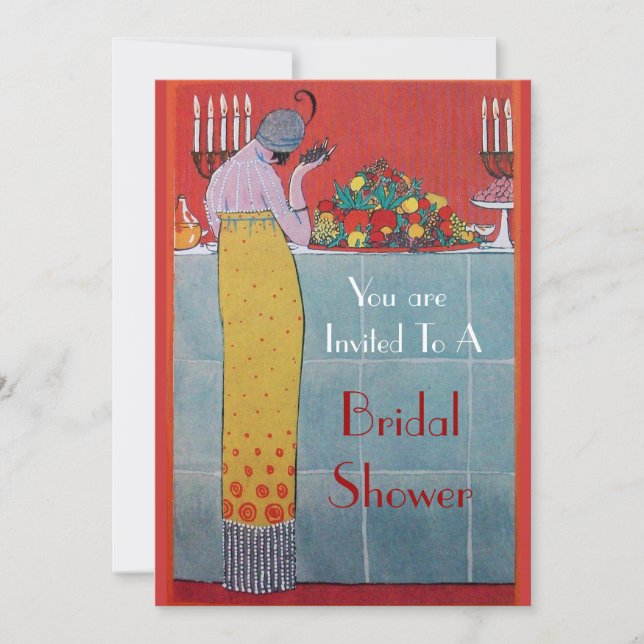 LADY WITH FRUITS AND TABLE SET DECO BRIDAL SHOWER INVITATION (Front)